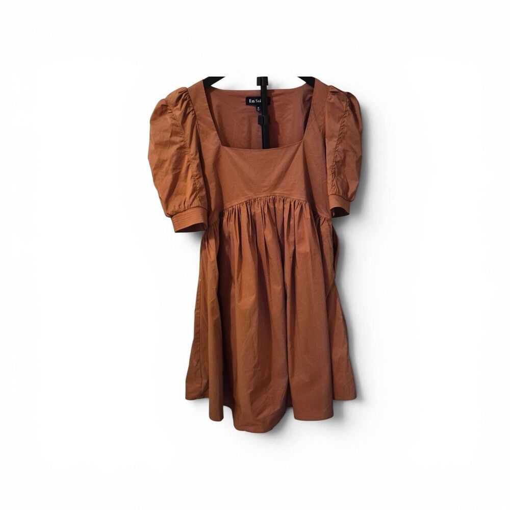 En Saison Rust Orange Square Neck Dress M Poplin Puff Body Baby Doll Mini
